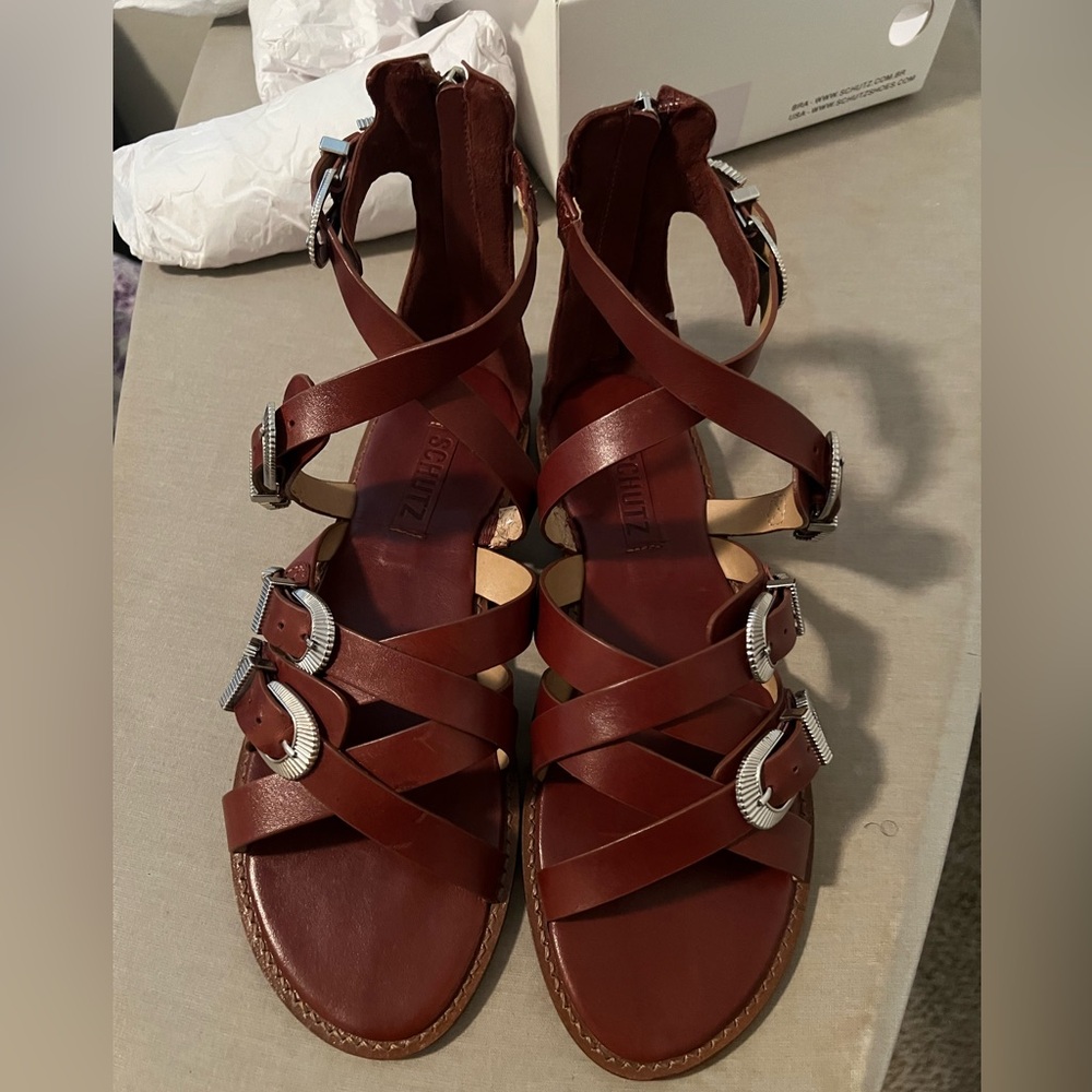 SCHUTZ Brown Gladiator Sandals with Cage Design